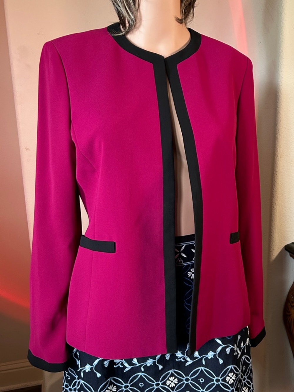 Kasper Fuchsia Open-Front Jacket with Black Trim